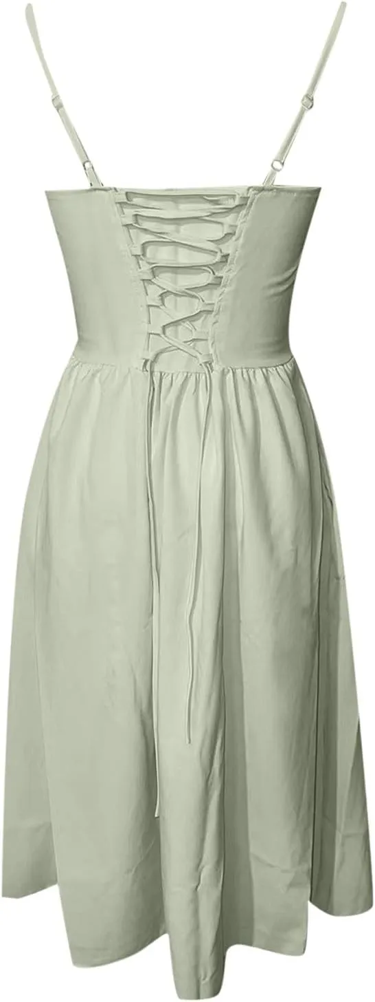 Women Corset Dress Sexy Spaghetti Strap Bustier Midi Dress Low Cut Flowy Pleated Hem Elegant Formal Dresses with Pockets