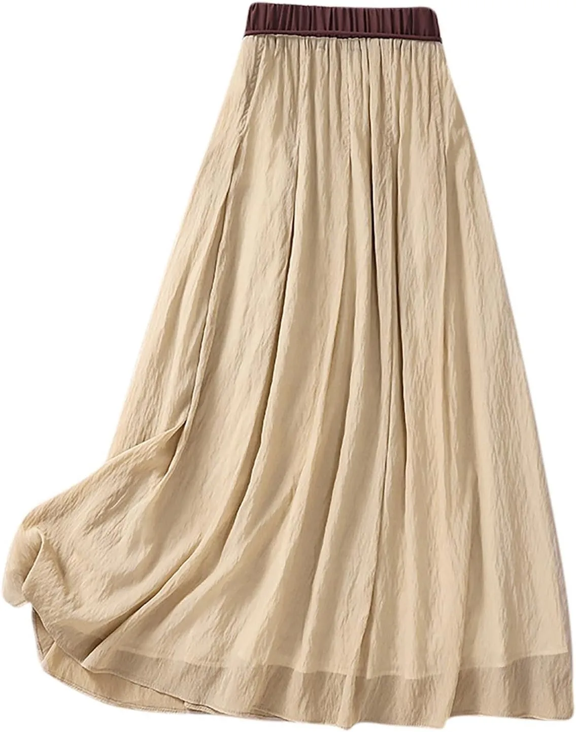 Women Cotton Linen Midi Skirt with Lining Flowy Casual Pleated A-Line Skirts Elastic Lace-Up High Waist Beach Skirt