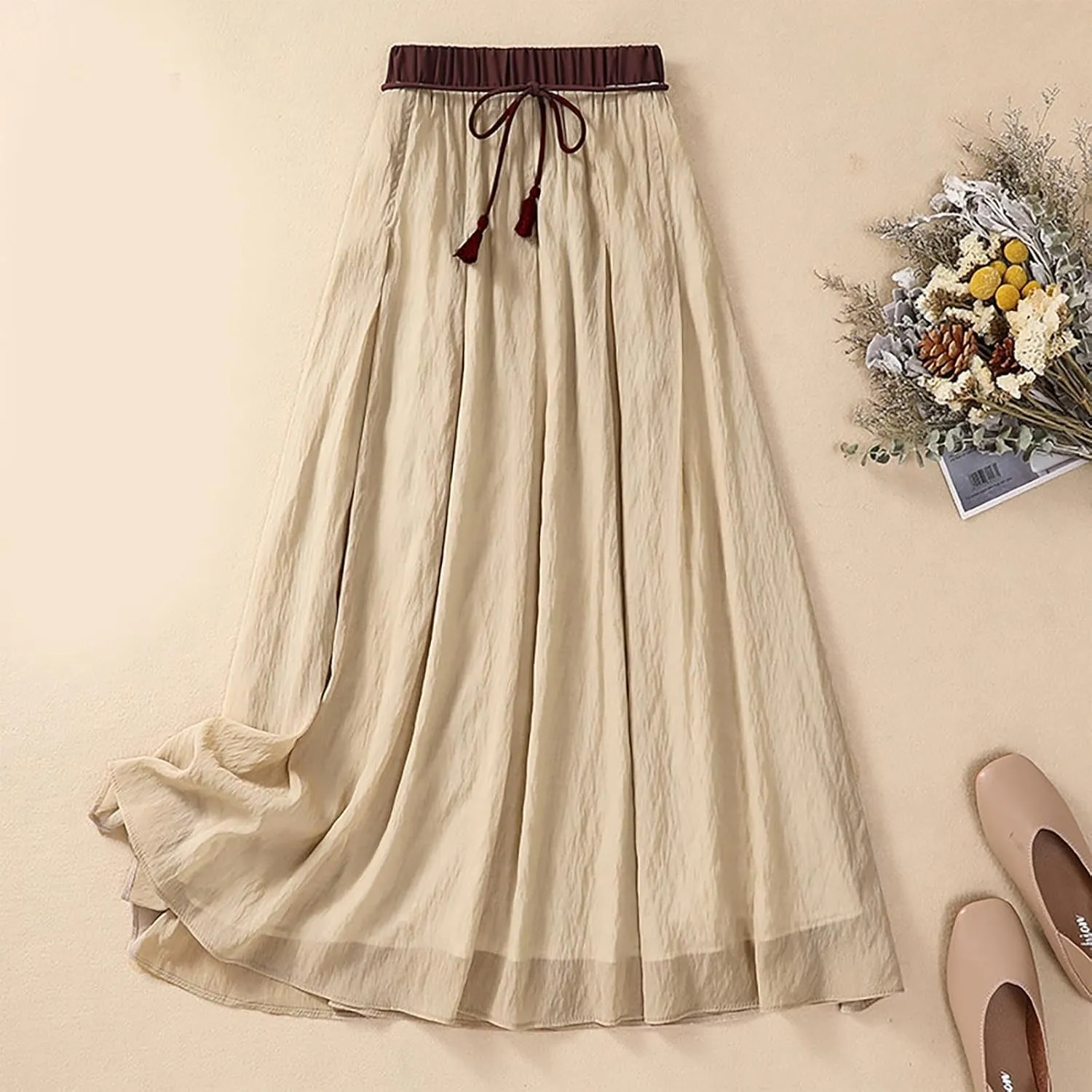 Women Cotton Linen Midi Skirt with Lining Flowy Casual Pleated A-Line Skirts Elastic Lace-Up High Waist Beach Skirt