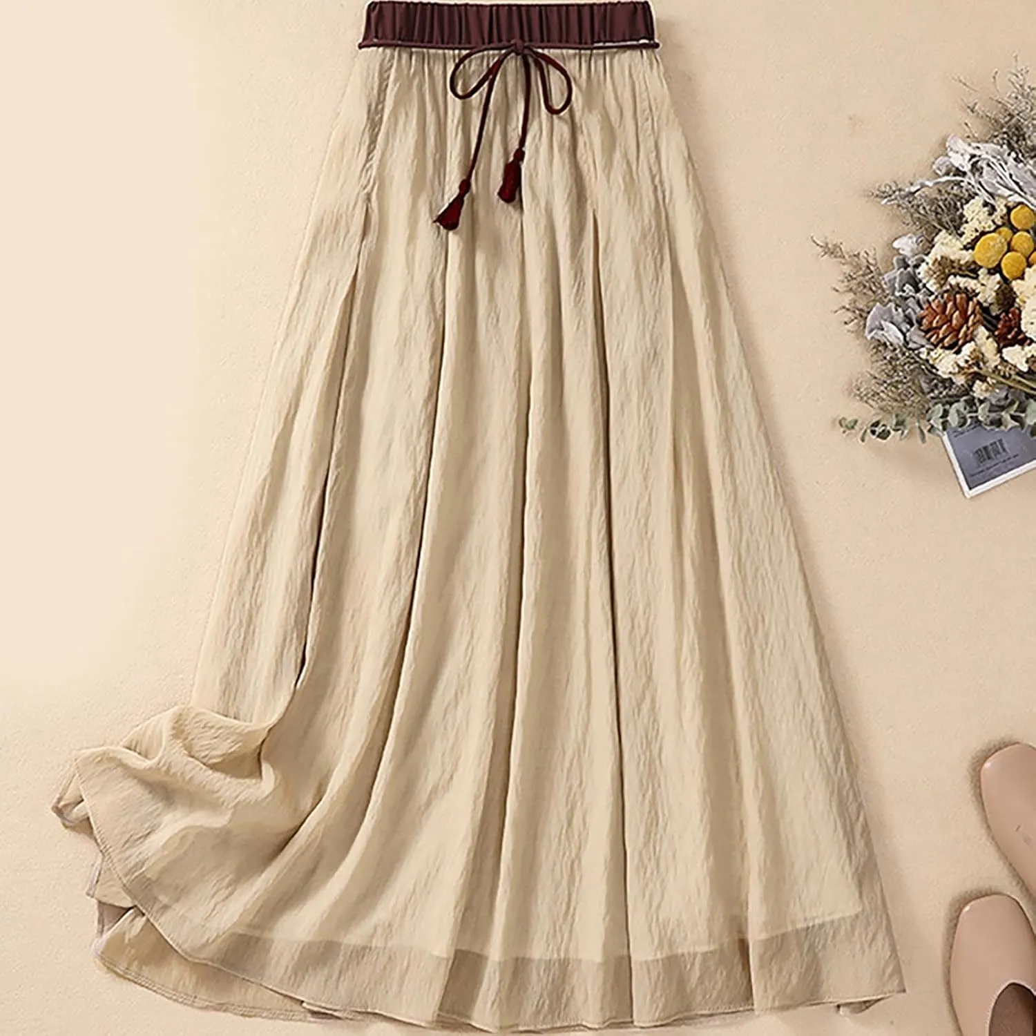 Women Cotton Linen Midi Skirt with Lining Flowy Casual Pleated A-Line Skirts Elastic Lace-Up High Waist Beach Skirt