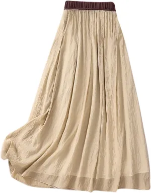 Women Cotton Linen Midi Skirt with Lining Flowy Casual Pleated A-Line Skirts Elastic Lace-Up High Waist Beach Skirt