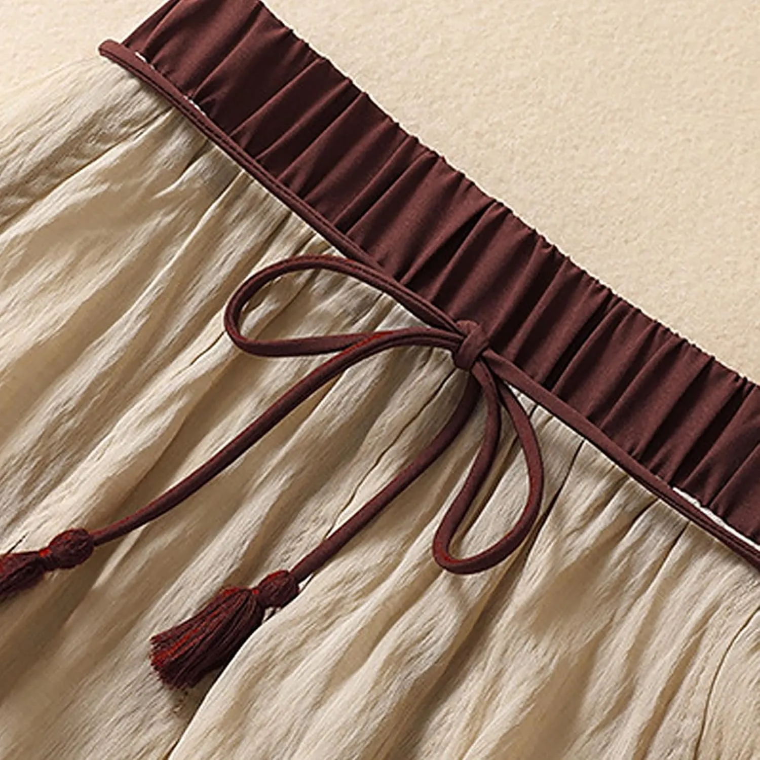 Women Cotton Linen Midi Skirt with Lining Flowy Casual Pleated A-Line Skirts Elastic Lace-Up High Waist Beach Skirt