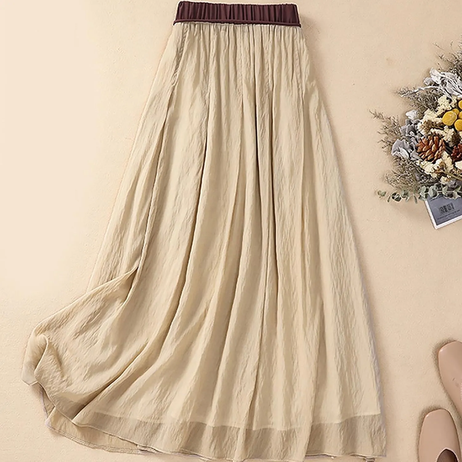 Women Cotton Linen Midi Skirt with Lining Flowy Casual Pleated A-Line Skirts Elastic Lace-Up High Waist Beach Skirt