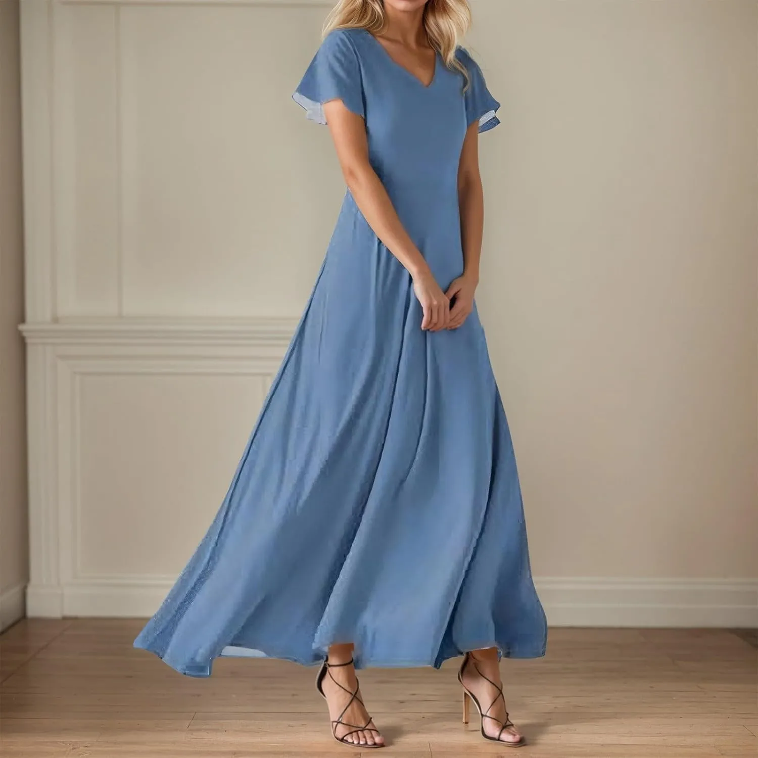 Women Dresses Swing Long Dress Chiffon Floral Short Sleeve Ruffle V Neck Fashion Waist Flowy Dress Summer Long