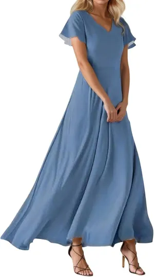 Women Dresses Swing Long Dress Chiffon Floral Short Sleeve Ruffle V Neck Fashion Waist Flowy Dress Summer Long