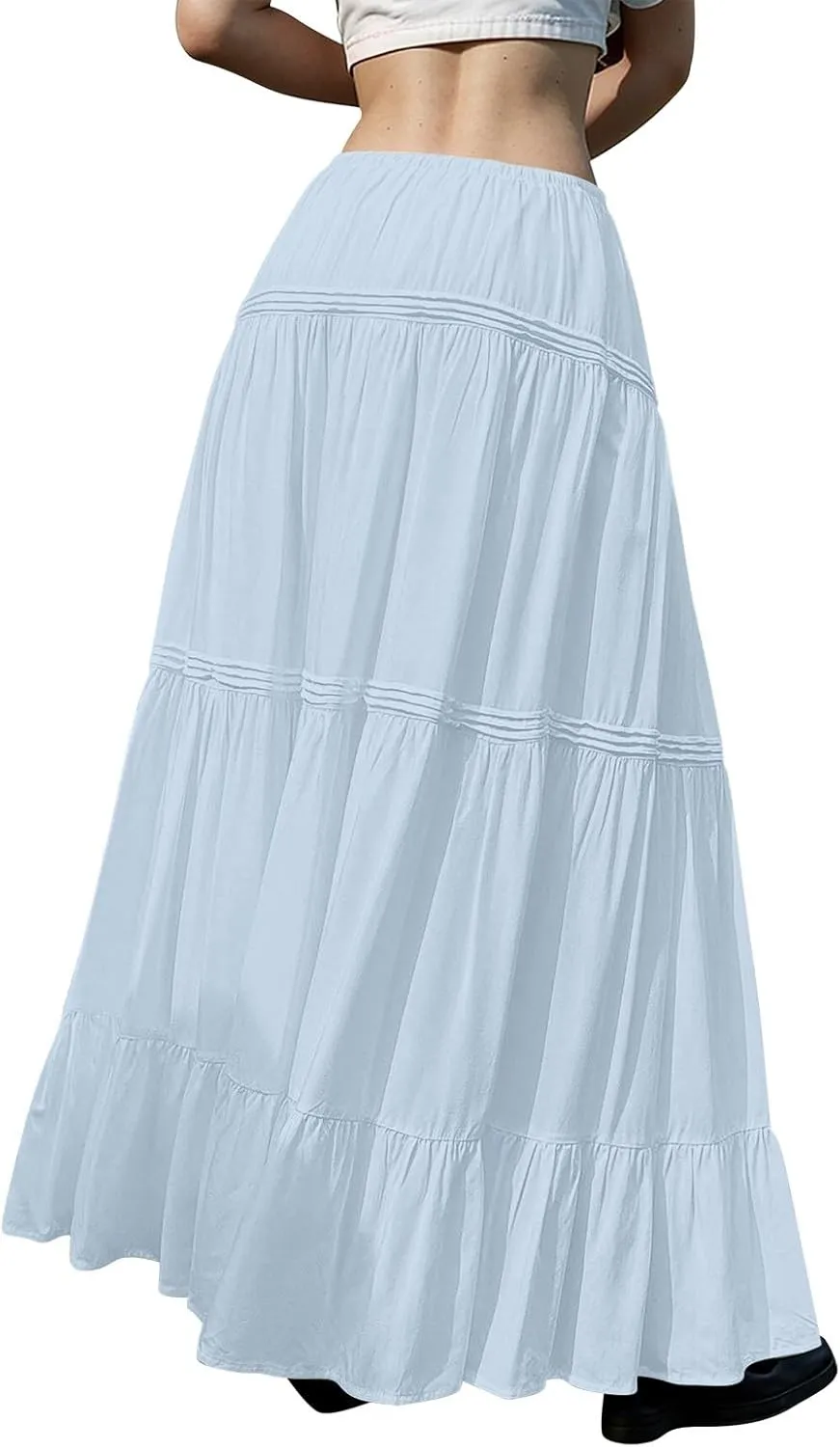Women Elastic Waist Maxi Skirt Solid Color A Line Pleated Skirts Ruffle Tiered Beach Vacation Long Skorts
