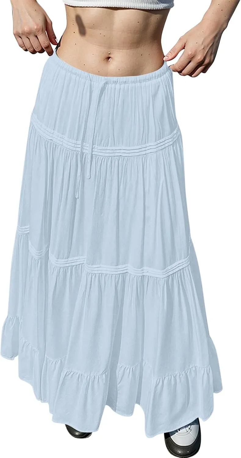 Women Elastic Waist Maxi Skirt Solid Color A Line Pleated Skirts Ruffle Tiered Beach Vacation Long Skorts