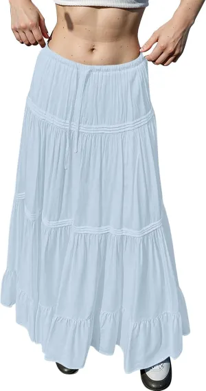 Women Elastic Waist Maxi Skirt Solid Color A Line Pleated Skirts Ruffle Tiered Beach Vacation Long Skorts