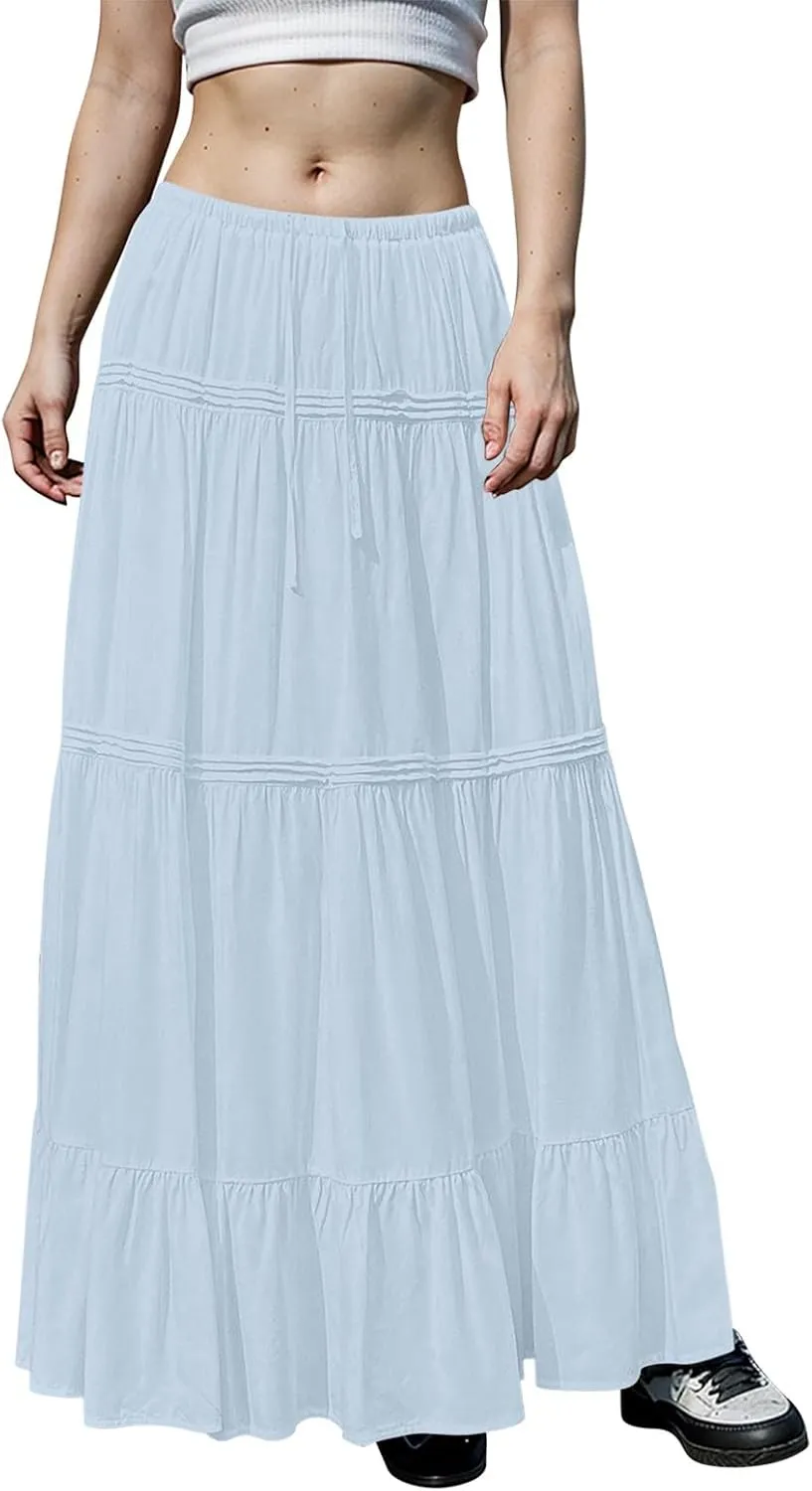 Women Elastic Waist Maxi Skirt Solid Color A Line Pleated Skirts Ruffle Tiered Beach Vacation Long Skorts