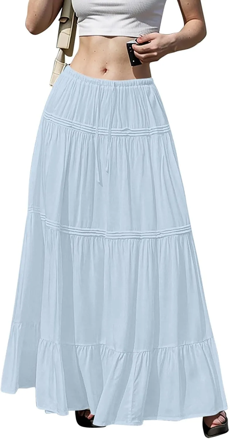 Women Elastic Waist Maxi Skirt Solid Color A Line Pleated Skirts Ruffle Tiered Beach Vacation Long Skorts