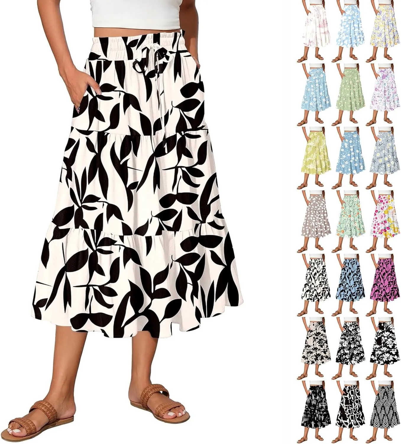 Women Floral Skirt A Line Tiered Pleated Flowy Midi Skirt with Pockets Casual Elastic High Waisted Boho Beach Skirts