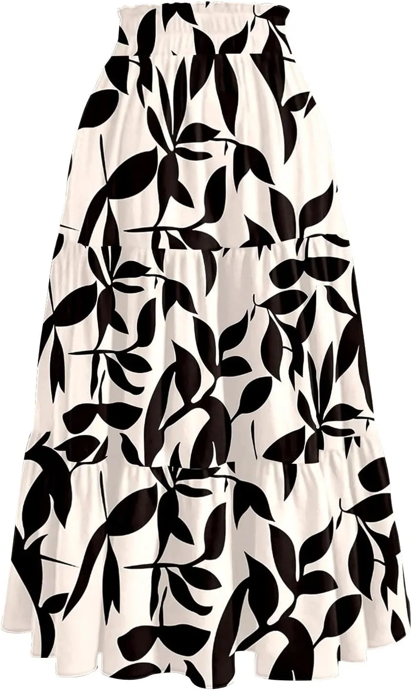 Women Floral Skirt A Line Tiered Pleated Flowy Midi Skirt with Pockets Casual Elastic High Waisted Boho Beach Skirts