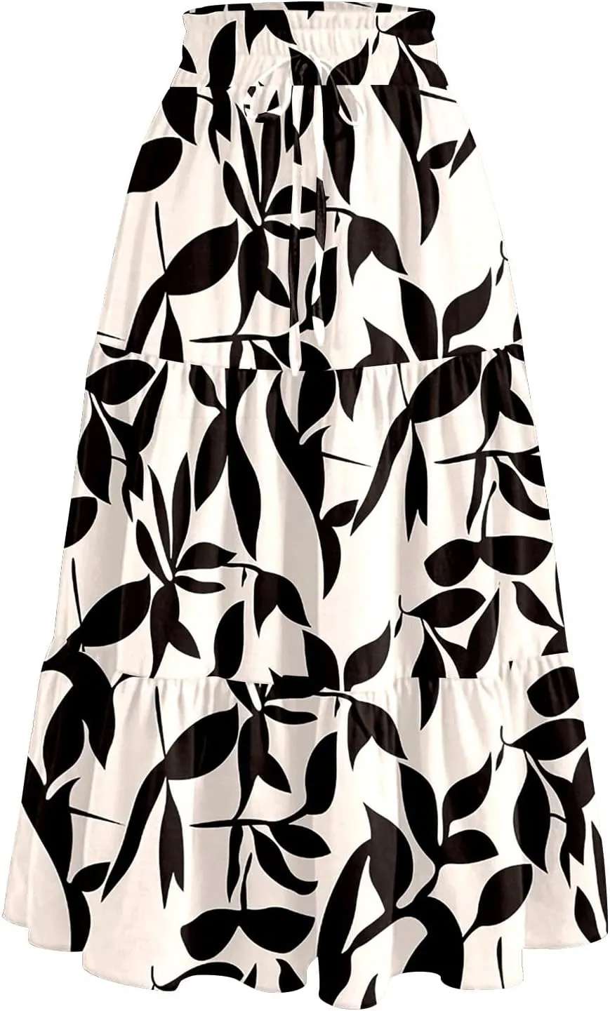 Women Floral Skirt A Line Tiered Pleated Flowy Midi Skirt with Pockets Casual Elastic High Waisted Boho Beach Skirts