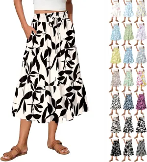 Women Floral Skirt A Line Tiered Pleated Flowy Midi Skirt with Pockets Casual Elastic High Waisted Boho Beach Skirts