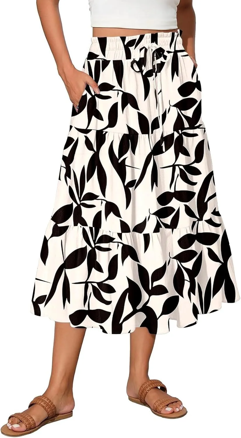 Women Floral Skirt A Line Tiered Pleated Flowy Midi Skirt with Pockets Casual Elastic High Waisted Boho Beach Skirts