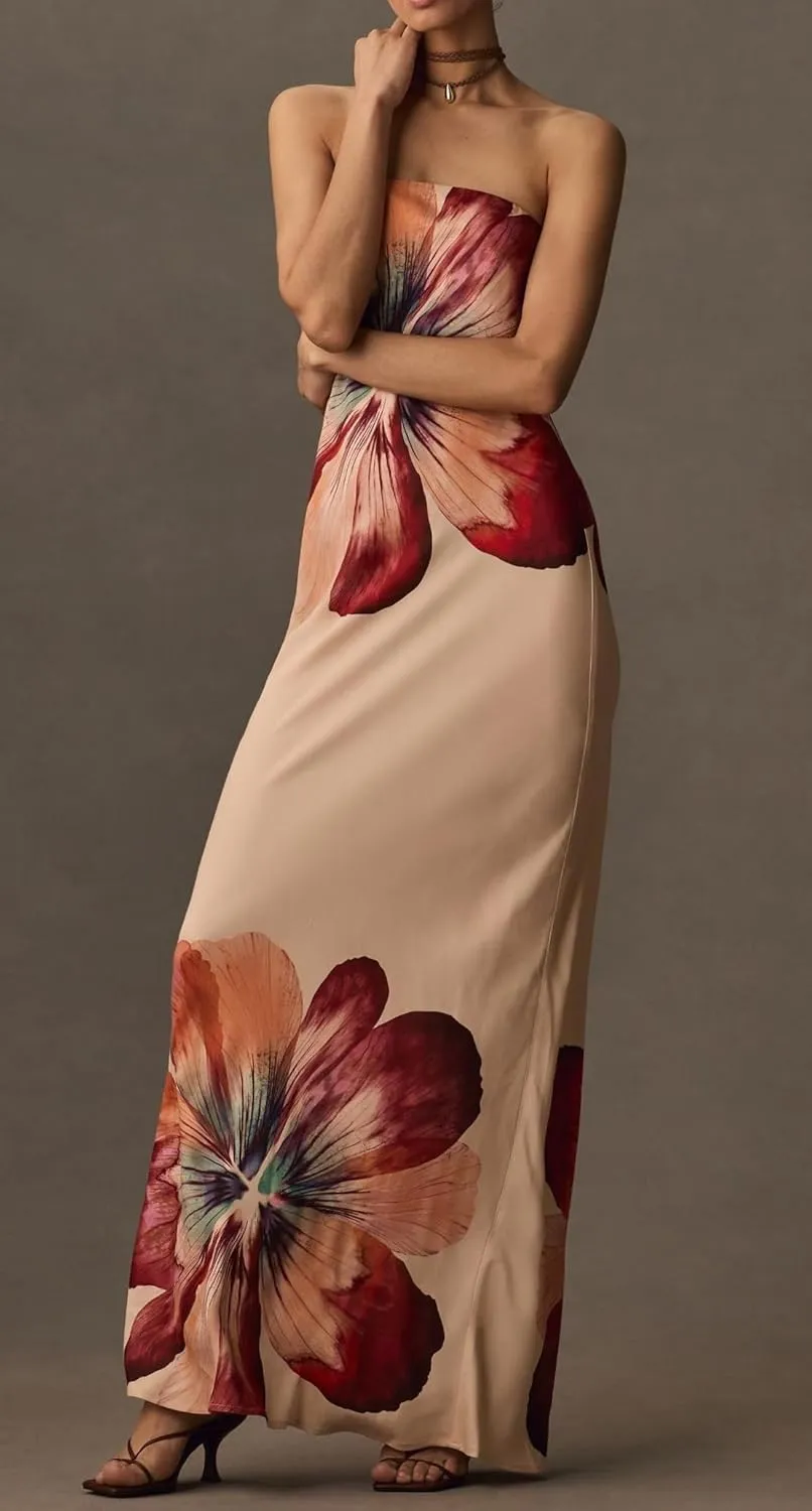 Women Floral Strapless Maxi Dresses Y2K Flower Backless Bodycon Long Tube Top Dress Summer Formal Cocktail Sundress