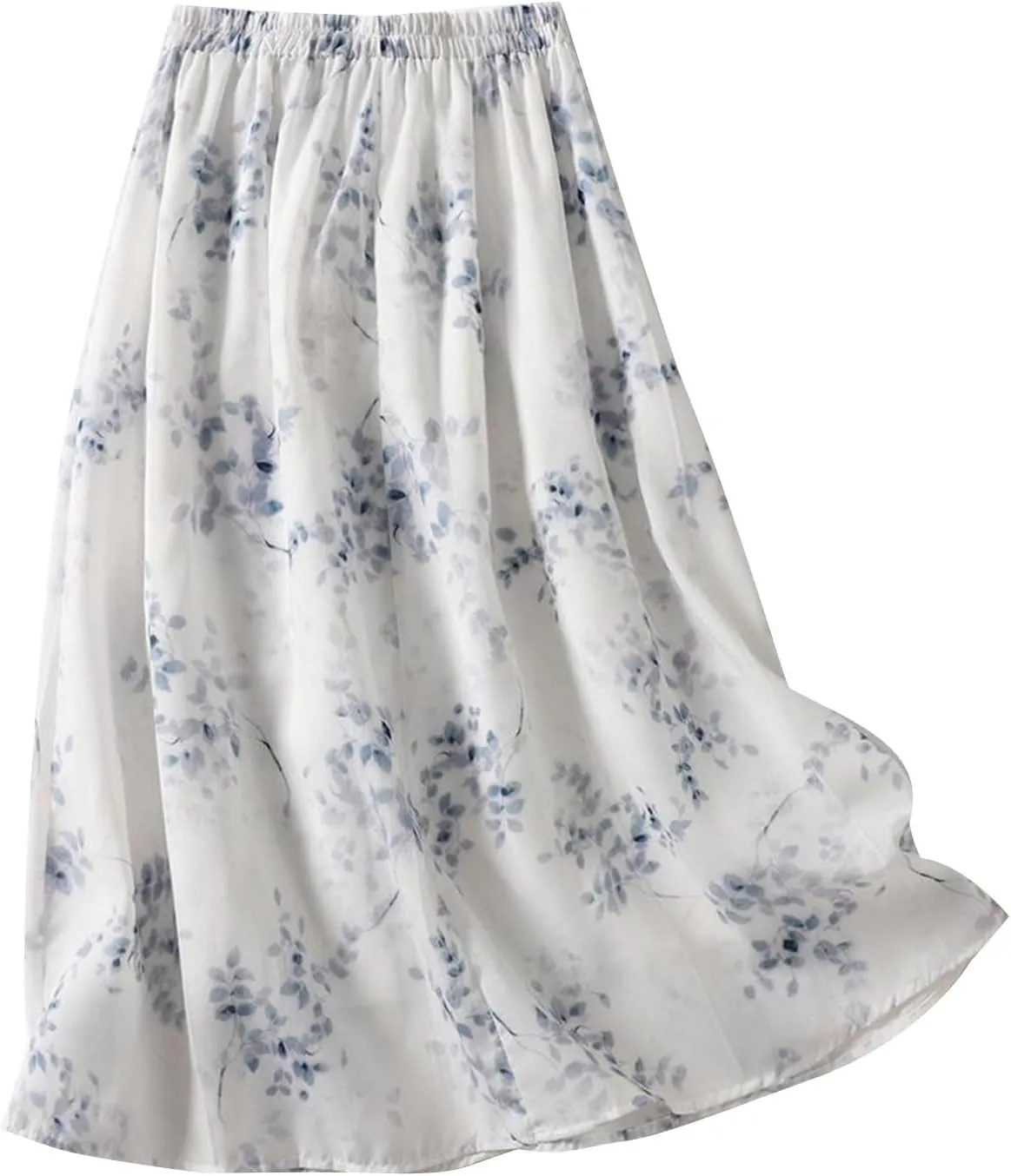 Women Flowy Bohemian Beach Skirts Casual Loose Pleated Boho Skirt Elastic Waist Mid Calf Length Holiday Skirts