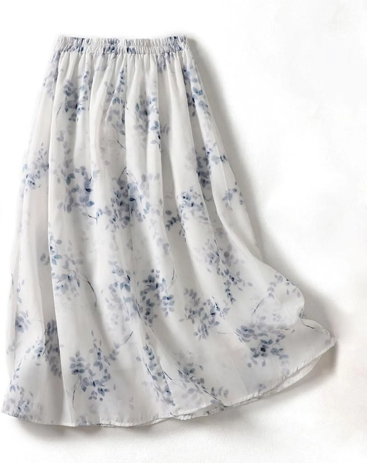 Women Flowy Bohemian Beach Skirts Casual Loose Pleated Boho Skirt Elastic Waist Mid Calf Length Holiday Skirts