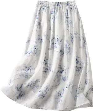 Women Flowy Bohemian Beach Skirts Casual Loose Pleated Boho Skirt Elastic Waist Mid Calf Length Holiday Skirts