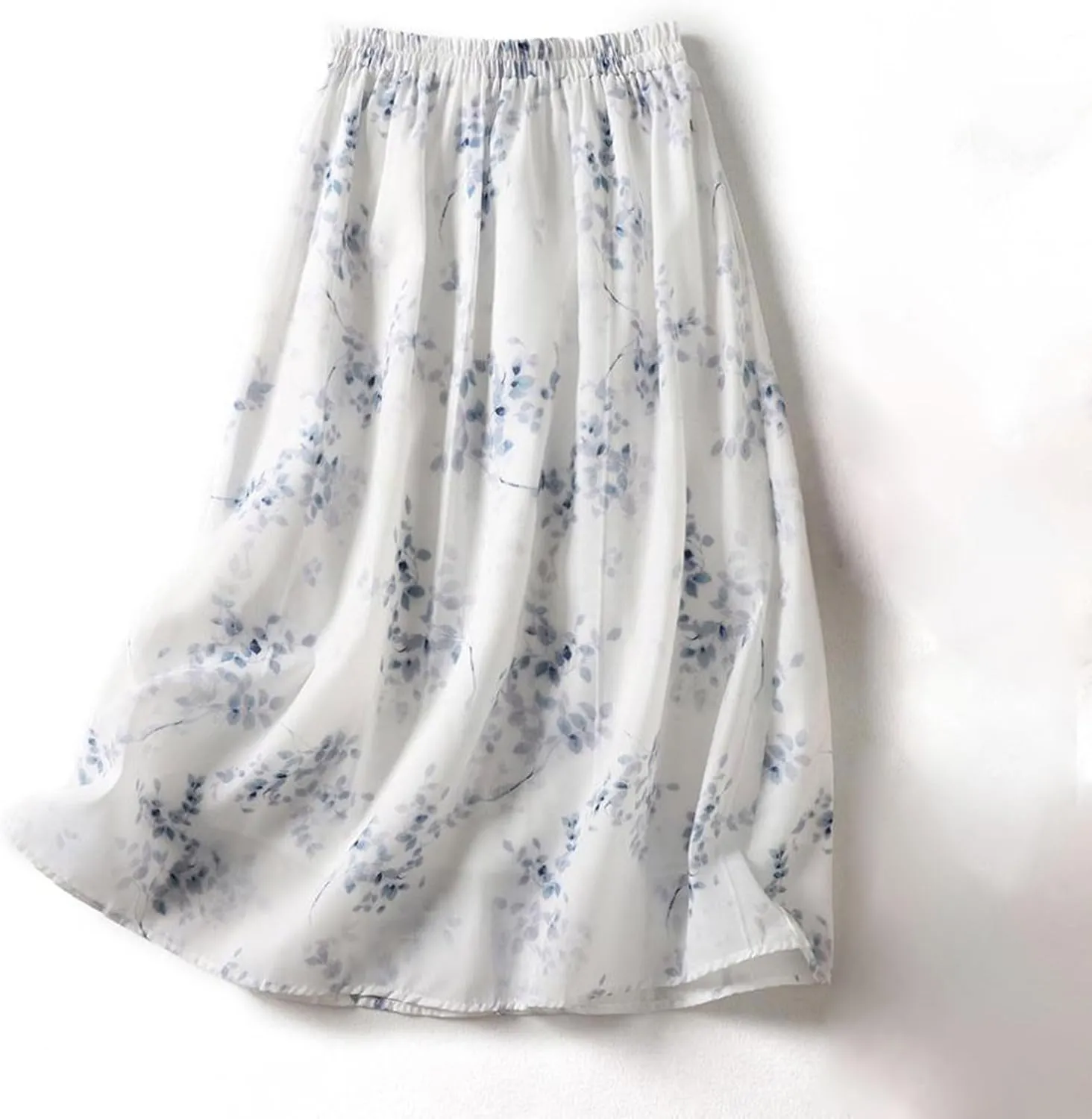 Women Flowy Bohemian Beach Skirts Casual Loose Pleated Boho Skirt Elastic Waist Mid Calf Length Holiday Skirts