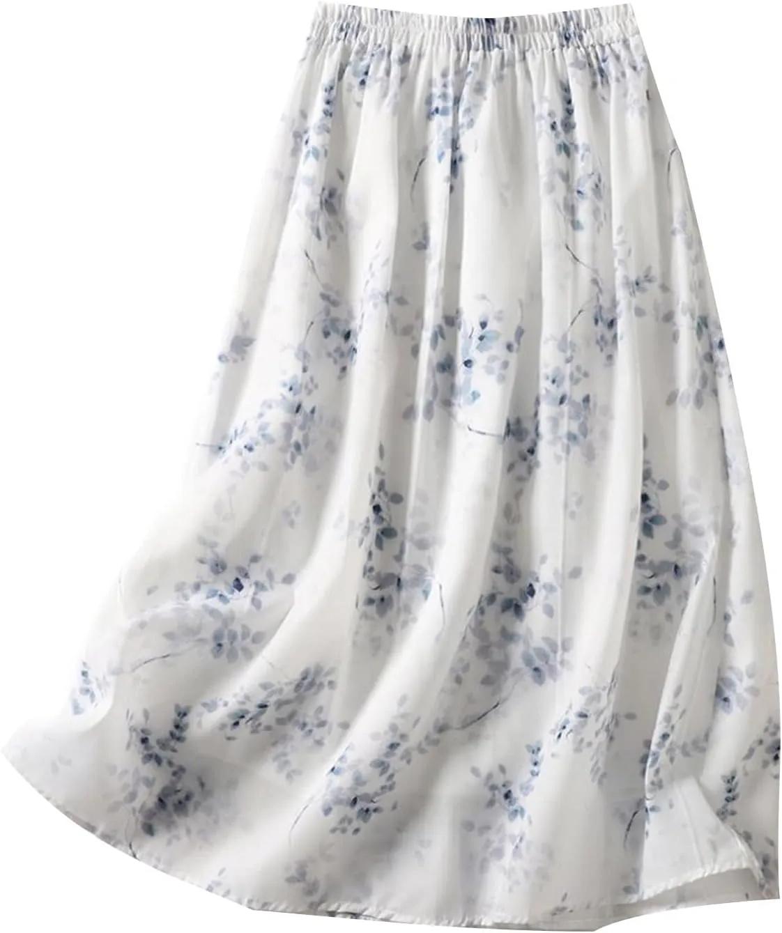 Women Flowy Bohemian Beach Skirts Casual Loose Pleated Boho Skirt Elastic Waist Mid Calf Length Holiday Skirts