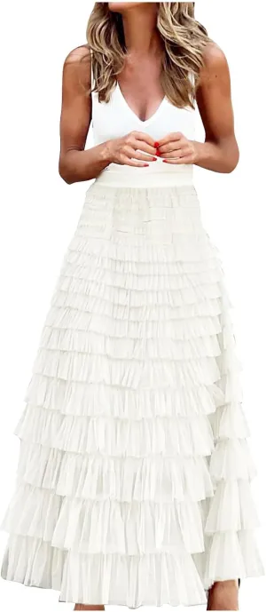 Women Flowy Maxi Skirts High Waist Elastic Multilayer Tulle Pleated Fairy Tiered Layered Ruffle Long Cake Skirt