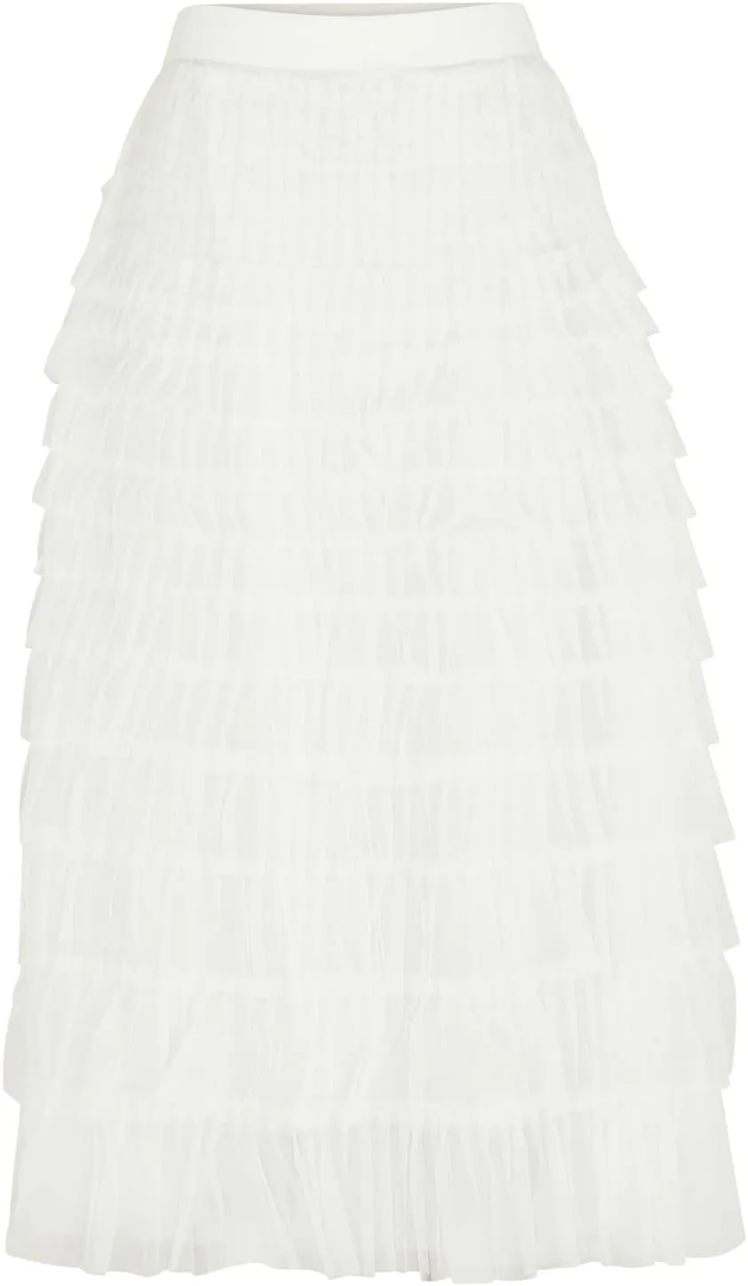 Women Flowy Maxi Skirts High Waist Elastic Multilayer Tulle Pleated Fairy Tiered Layered Ruffle Long Cake Skirt