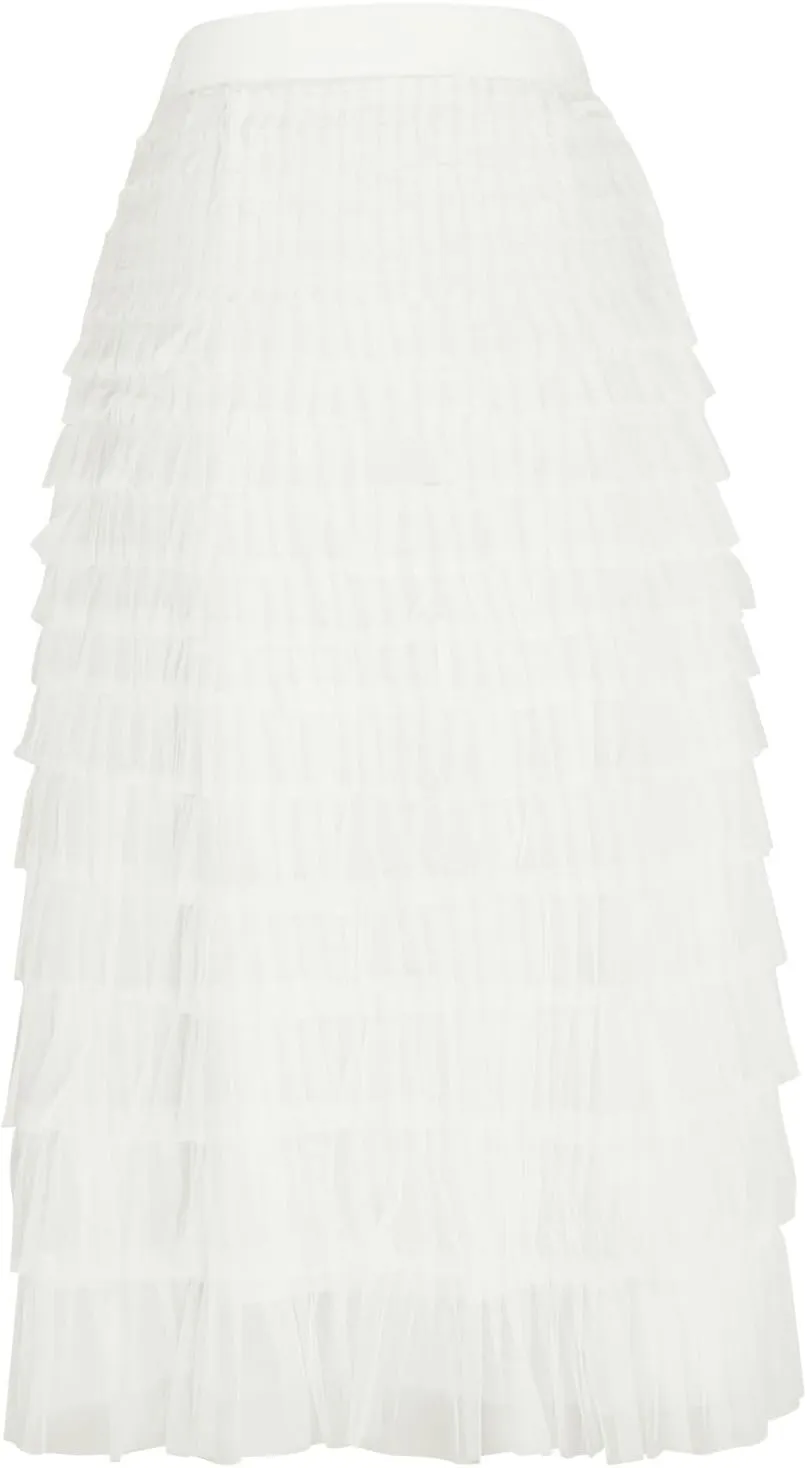 Women Flowy Maxi Skirts High Waist Elastic Multilayer Tulle Pleated Fairy Tiered Layered Ruffle Long Cake Skirt
