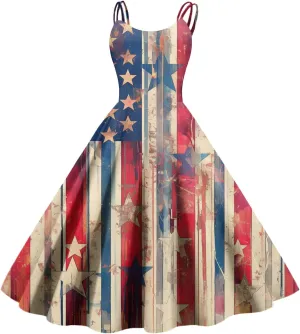 Women Fourth of July Dress Midi Red White and Blue Dresses Spaghetti Strap USA Flag Dress Holiday Festival Dresses