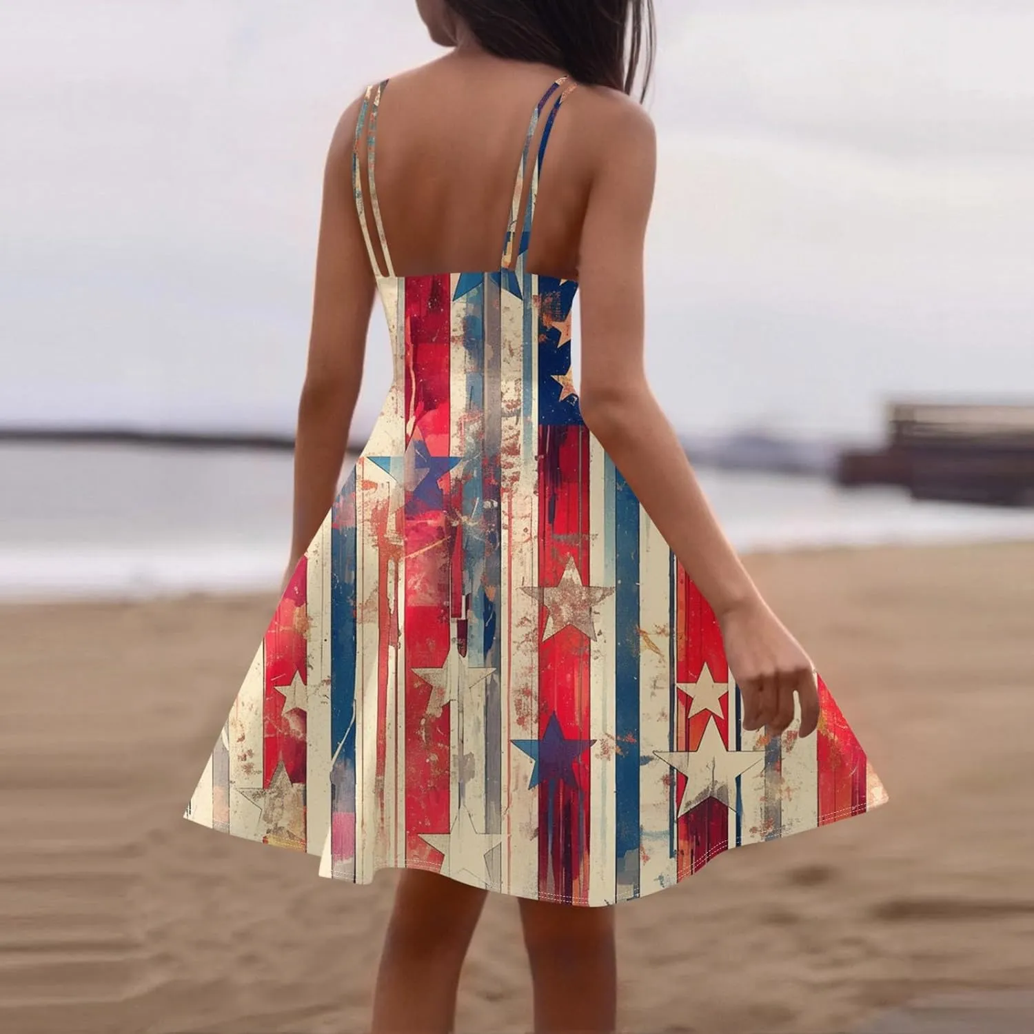 Women Fourth of July Dress Midi Red White and Blue Dresses Spaghetti Strap USA Flag Dress Holiday Festival Dresses