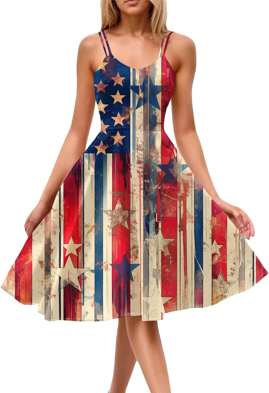 Women Fourth of July Dress Midi Red White and Blue Dresses Spaghetti Strap USA Flag Dress Holiday Festival Dresses