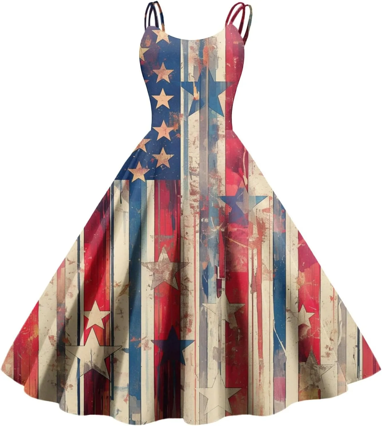 Women Fourth of July Dress Midi Red White and Blue Dresses Spaghetti Strap USA Flag Dress Holiday Festival Dresses