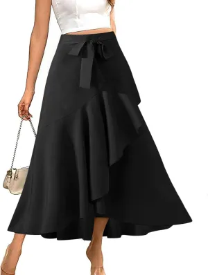 Women Irregular Ruffle Skirts Solid Work Outfits Elegant Slit Maxi Skirt High Waist Belt Flowy Skirts Trendy Clothes