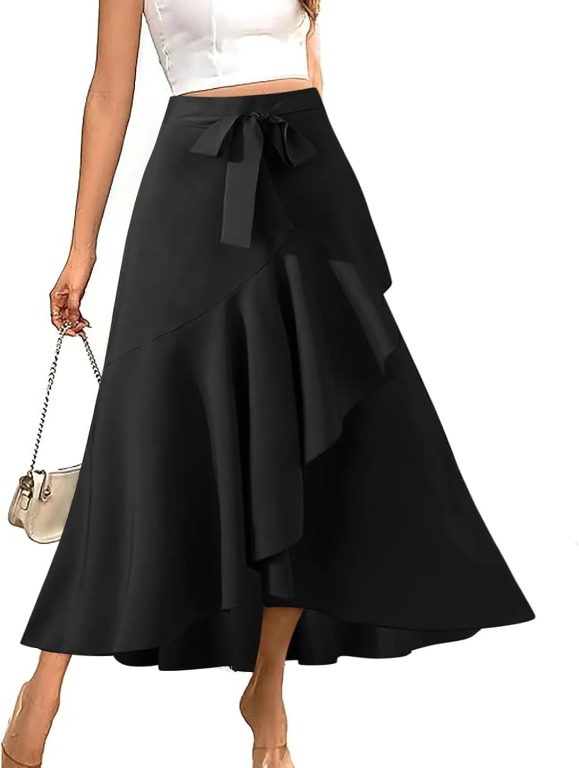Women Irregular Ruffle Skirts Solid Work Outfits Elegant Slit Maxi Skirt High Waist Belt Flowy Skirts Trendy Clothes