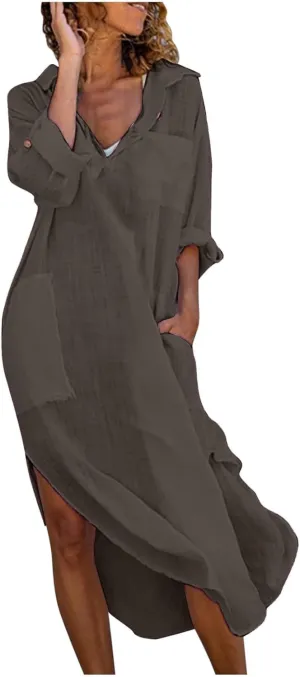 Women Lightweight Shirt Dresses Button Down Split Cover Up Dress Summer Beach Cotton Linen Sundress 2025 Trendy