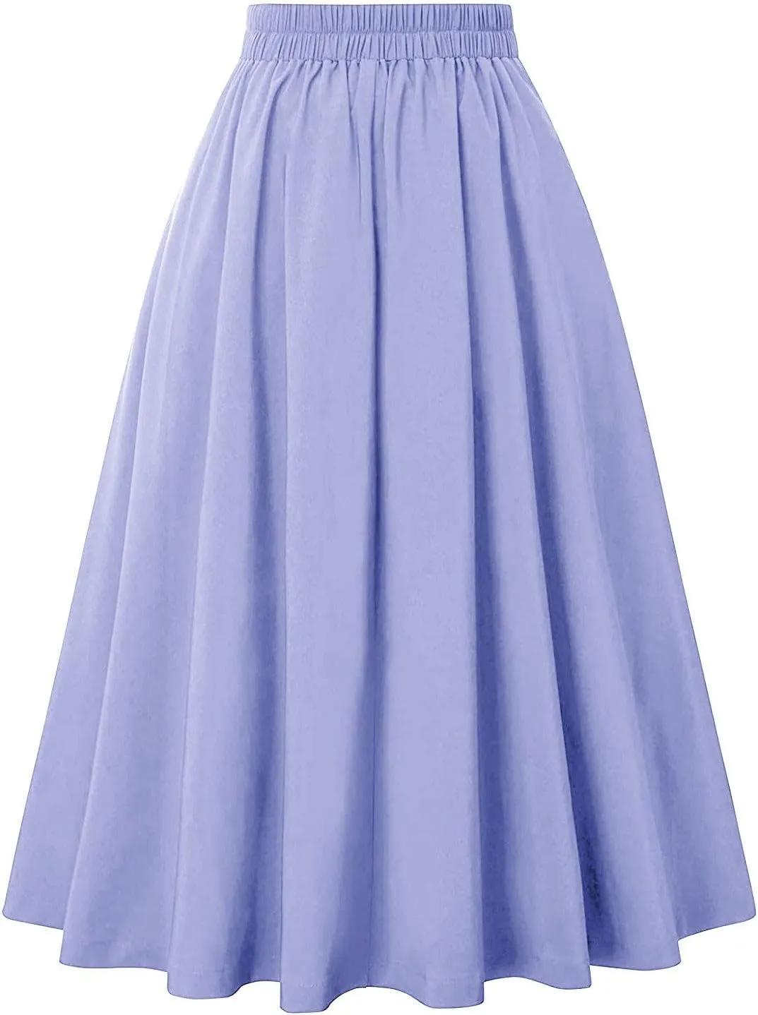 Women Midi Skirt Button High Waisted Elastic Casual Solid Color Pleated Knee Length Flowy A Line Skirts