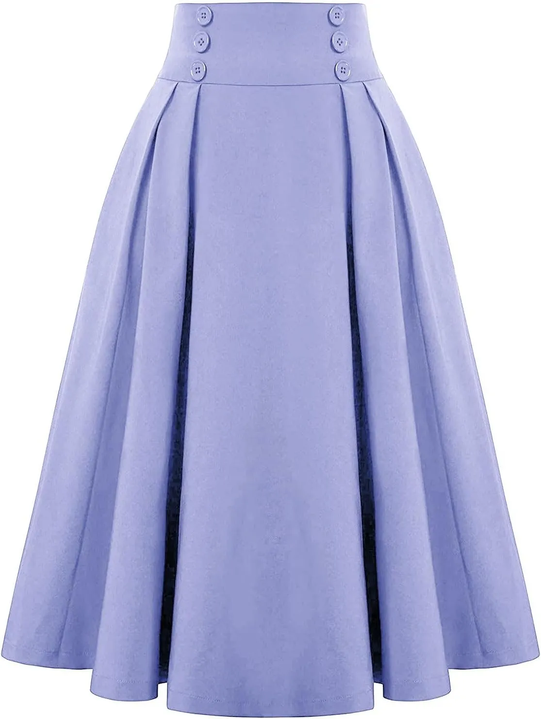Women Midi Skirt Button High Waisted Elastic Casual Solid Color Pleated Knee Length Flowy A Line Skirts