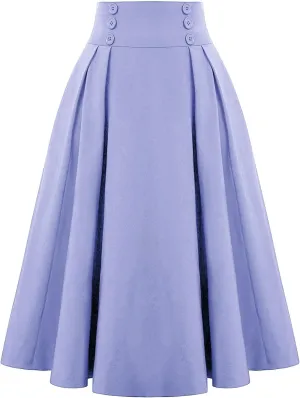 Women Midi Skirt Button High Waisted Elastic Casual Solid Color Pleated Knee Length Flowy A Line Skirts