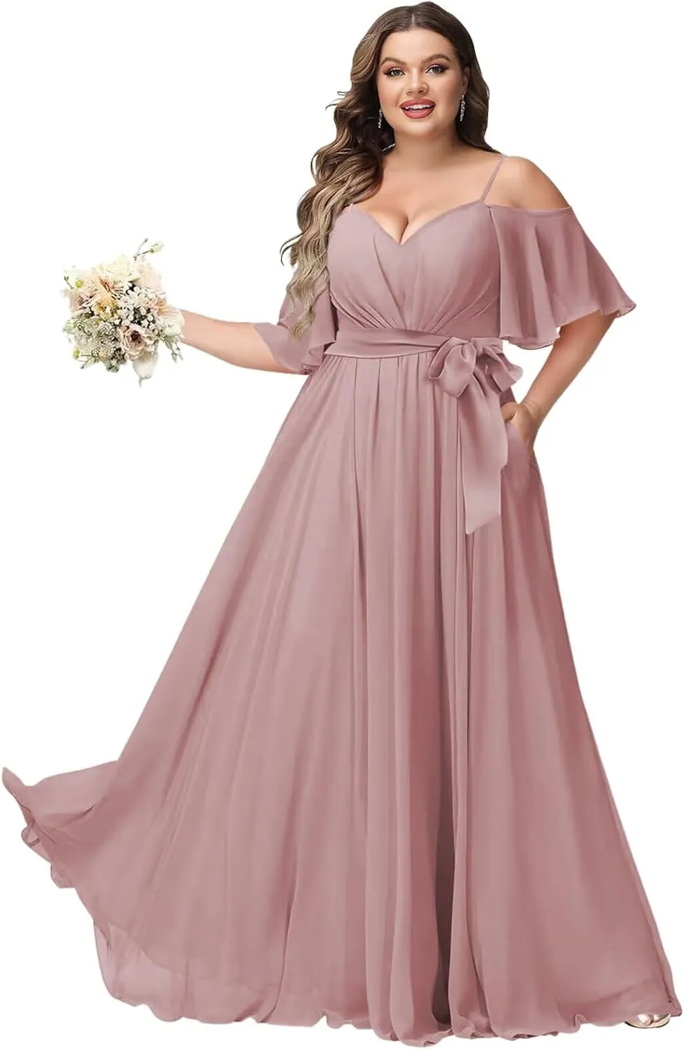 Women Plus Size Cold Shoulder Bridesmaid Dresses 2025 with Slit Chiffon Formal Party Dresses with Pockets DE52