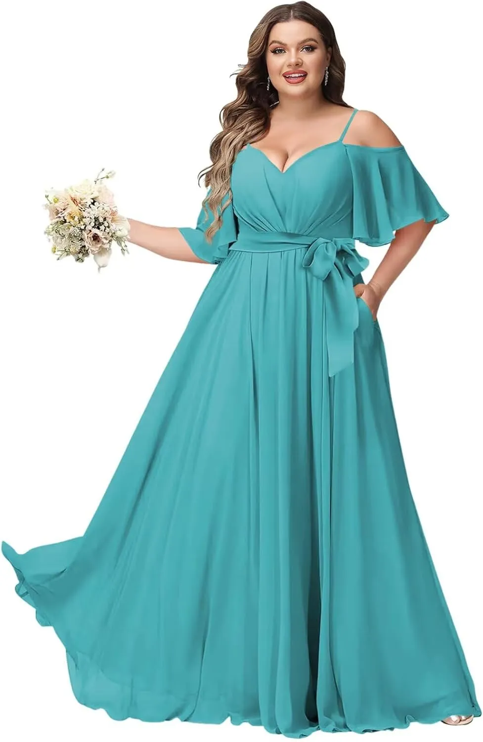 Women Plus Size Cold Shoulder Bridesmaid Dresses 2025 with Slit Chiffon Formal Party Dresses with Pockets DE52