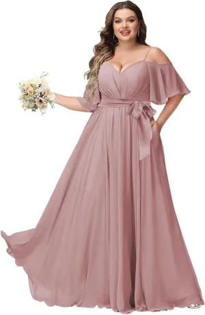 Women Plus Size Cold Shoulder Bridesmaid Dresses 2025 with Slit Chiffon Formal Party Dresses with Pockets DE52