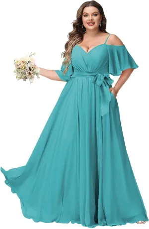 Women Plus Size Cold Shoulder Bridesmaid Dresses 2025 with Slit Chiffon Formal Party Dresses with Pockets DE52