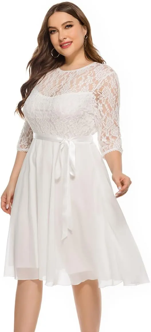 Women Plus Size Floral Lace Chiffon 3/4 Sleeve Cocktail Dress Mesh Knee Length Semi Formal Prom Fit Wedding Guest Midi Dress