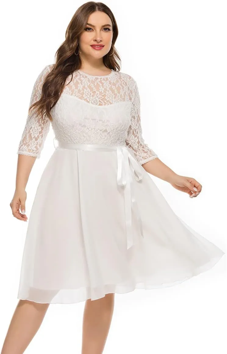 Women Plus Size Floral Lace Chiffon 3/4 Sleeve Cocktail Dress Mesh Knee Length Semi Formal Prom Fit Wedding Guest Midi Dress