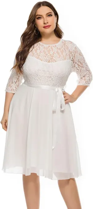 Women Plus Size Floral Lace Chiffon 3/4 Sleeve Cocktail Dress Mesh Knee Length Semi Formal Prom Fit Wedding Guest Midi Dress