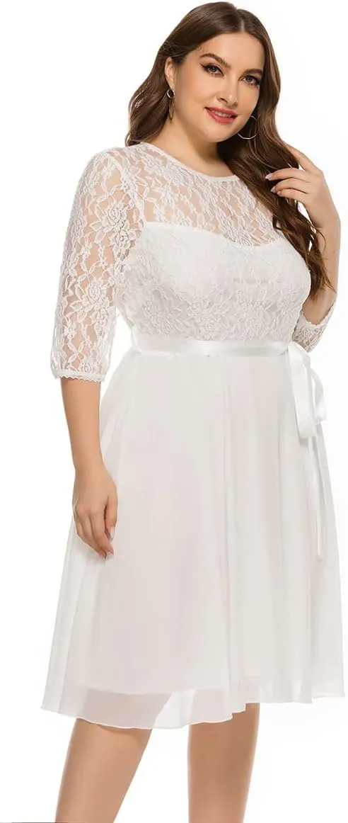 Women Plus Size Floral Lace Chiffon 3/4 Sleeve Cocktail Dress Mesh Knee Length Semi Formal Prom Fit Wedding Guest Midi Dress