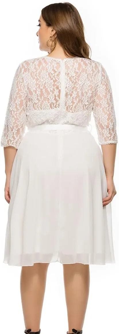 Women Plus Size Floral Lace Chiffon 3/4 Sleeve Cocktail Dress Mesh Knee Length Semi Formal Prom Fit Wedding Guest Midi Dress