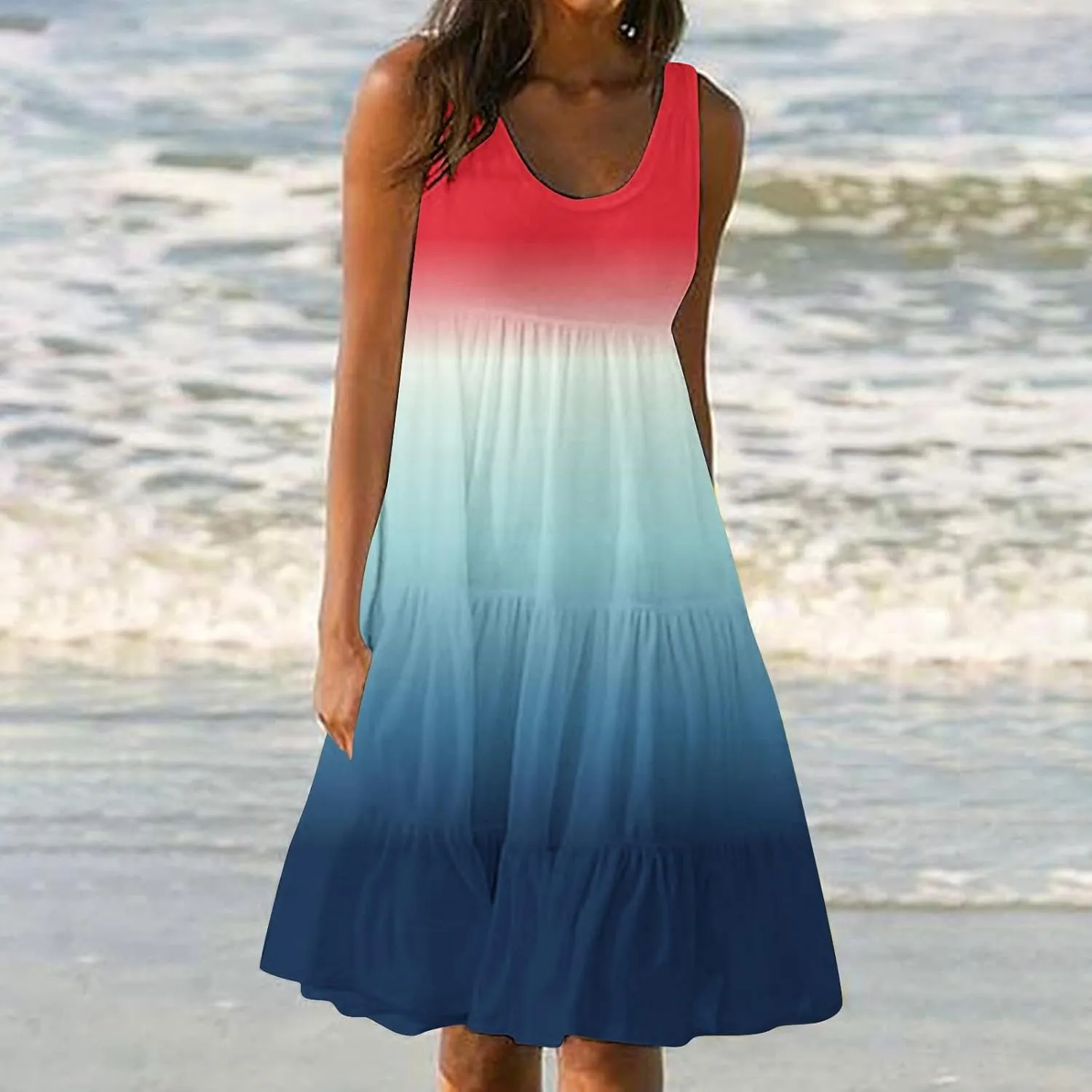 Women Plus Size Tank Dress Sleeveless Crew Neck Pleated Beach Mini Dresses Ruffle Tiered Flowy Summer Sundresses