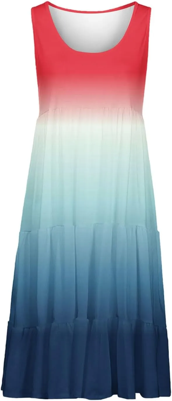 Women Plus Size Tank Dress Sleeveless Crew Neck Pleated Beach Mini Dresses Ruffle Tiered Flowy Summer Sundresses