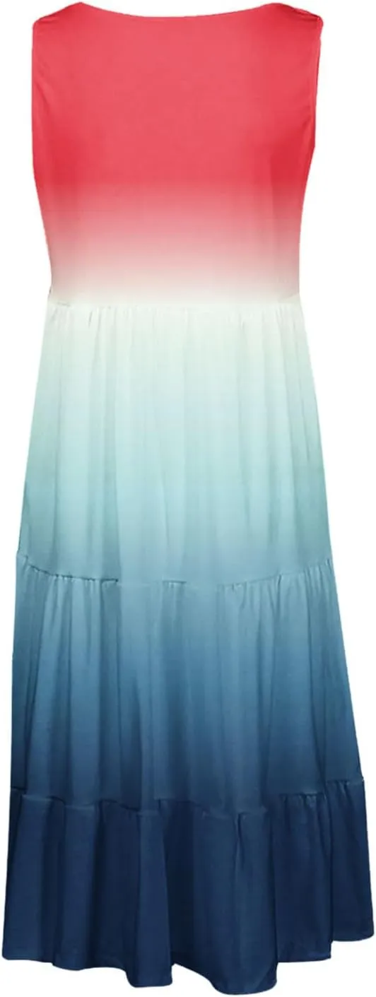 Women Plus Size Tank Dress Sleeveless Crew Neck Pleated Beach Mini Dresses Ruffle Tiered Flowy Summer Sundresses